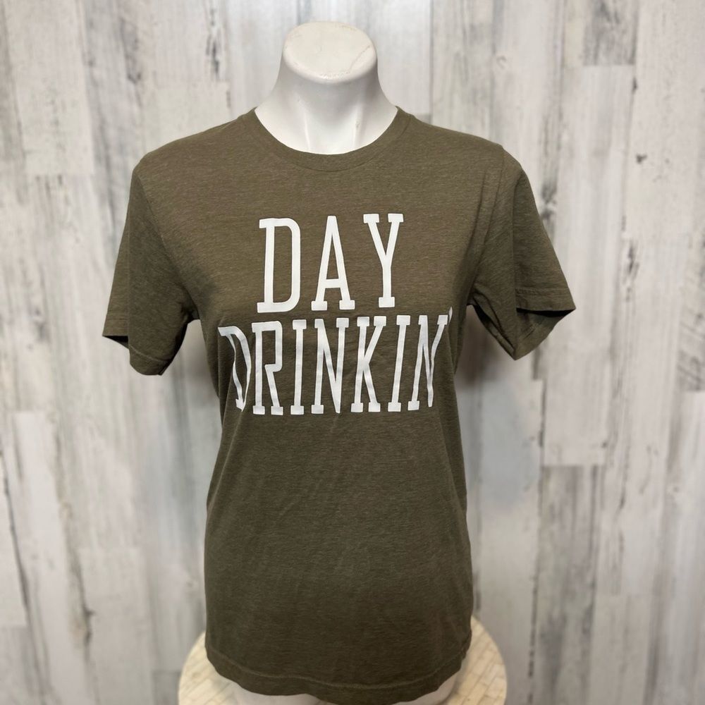 Bella Canvas Day Drinkin Graphic T-Shirt Womens Medium M Olive Green Heather Tee